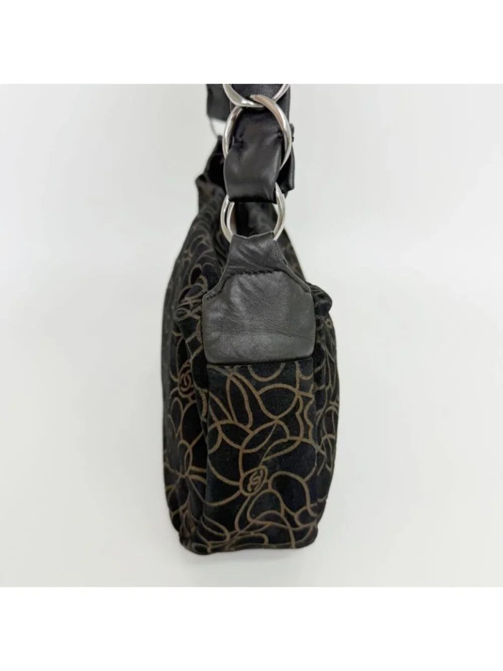 Chanel Camellia Print CC Logo Chain Shoulder Bag Suede Leather Black Silver